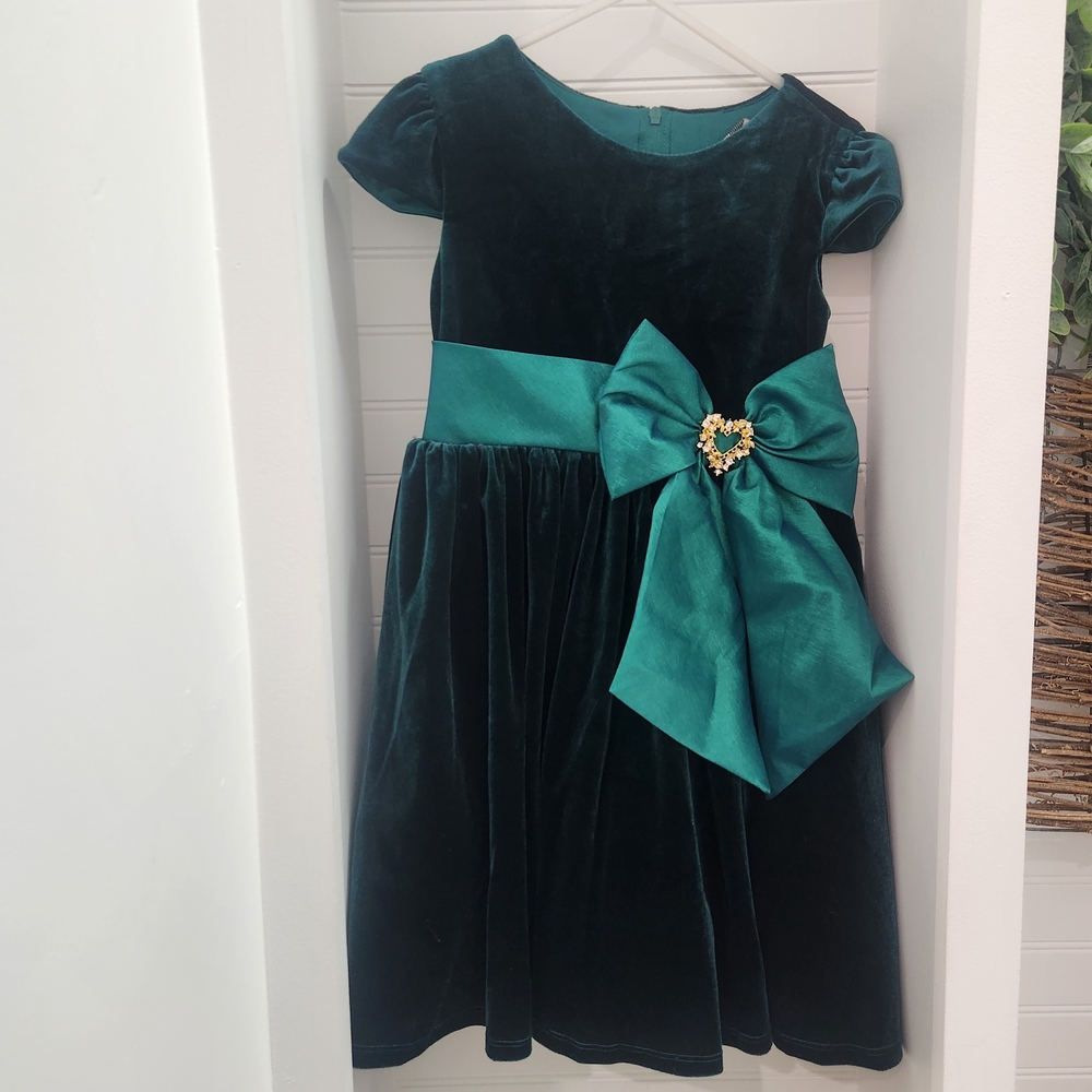 Rare Editions Deep Teal Velvet Dress with Satin Bow
